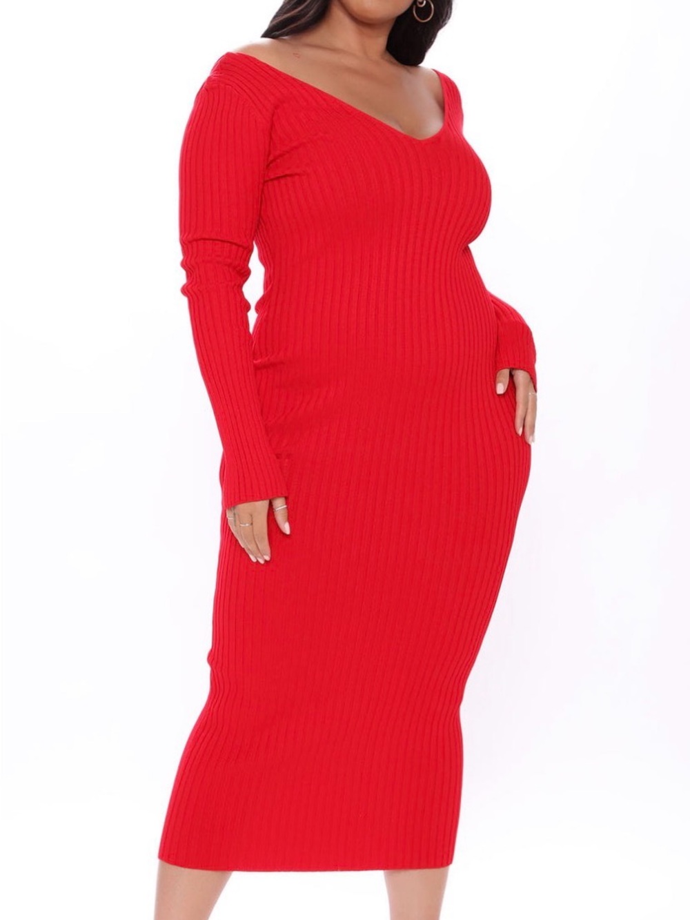 NWT-Fashion Nova Red Ribbed V-Neck Long Sleeve Midi Dress